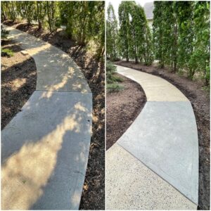 Before and after picture of a pathway cleaned by Oddly Satisfying Pressure Washing