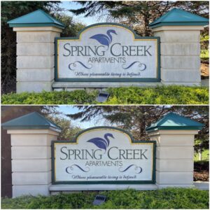 Image of an outdoor sign concrete cleaning performed by Oddly Satisfying Pressure Washing