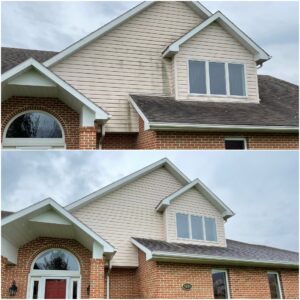 Two photos showing the before and after of vinyl siding cleaning performed by Oddly Satisfying Pressure Washing