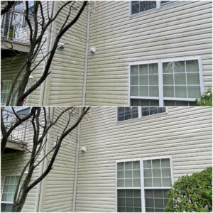 Photo of the before and after of vinyl siding cleaning performed by Oddly Satisfying Pressure Washing