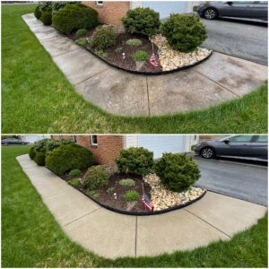 Before and after photo of concrete cleaning on a curved path by Oddly Satisfying Pressure Washing