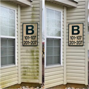 Vinyl siding cleaning of a building by Oddly Satisfying Pressure Washing