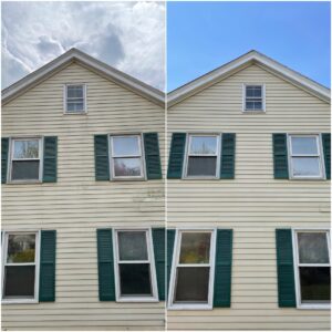 before and after of house washing performed by Oddly Satisfying Pressure Washing