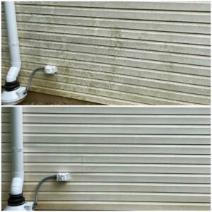 Before and after picture of pressure washed siding by Oddly Satisfying Pressure Washing
