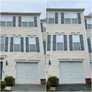 Before and after photo of the front of a house cleaned by Oddly Satisfying Pressure Washing