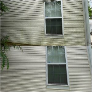 A before and after of cleaning vinyl siding performed by Oddly Satisfying Pressure Washing