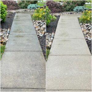 A before and after photo of a concrete walkway cleaned by Oddly Satisfying Pressure Washing