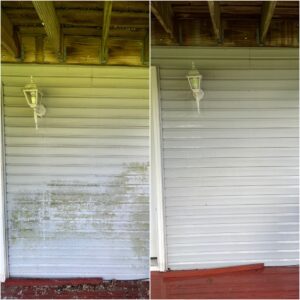 Before and after photo of cleaning vinyl siding by Oddly Satisfying Pressure Washing