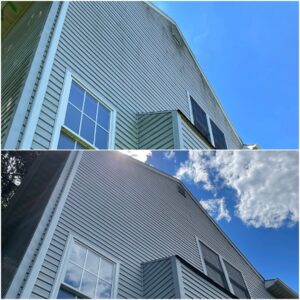A photo of the before and after of a house cleaning performed by Oddly Satisfying Pressure Washing